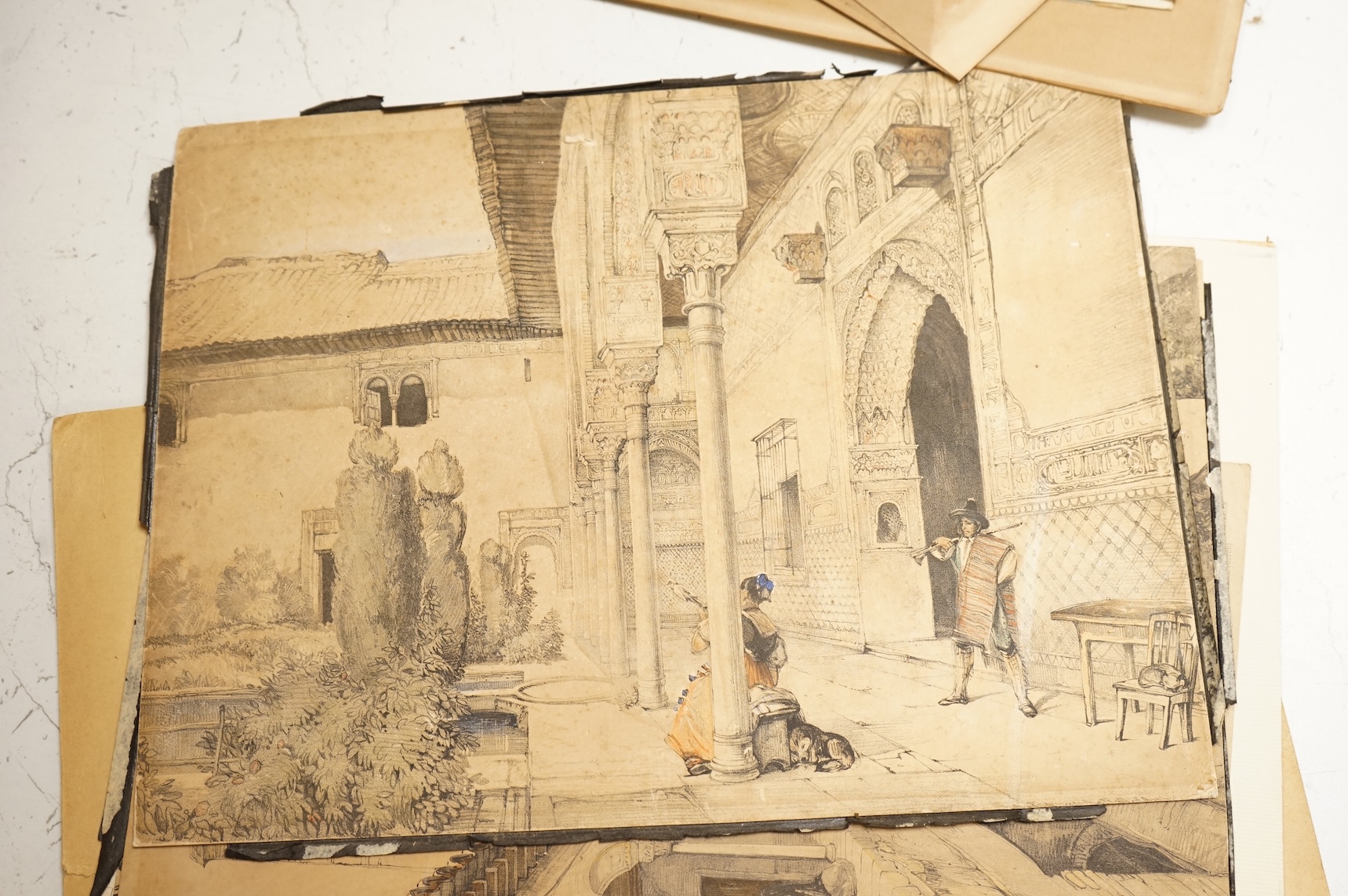 A collection of unframed watercolours and prints, to include: Chinese pith paper paintings, 19th century German fashion plates and studies of gentlemen in military dress, two gouaches